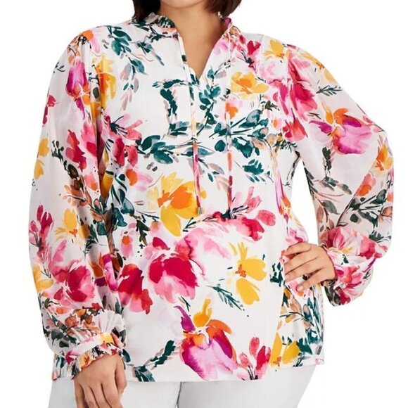 Calvin Klein Plus Size Printed Ruffled-Collar Tie-Neck Blouse, 2X - Picture 1 of 12